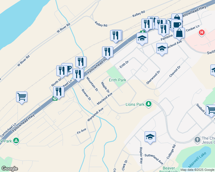 map of restaurants, bars, coffee shops, grocery stores, and more near 103 Maple Drive in Hinton