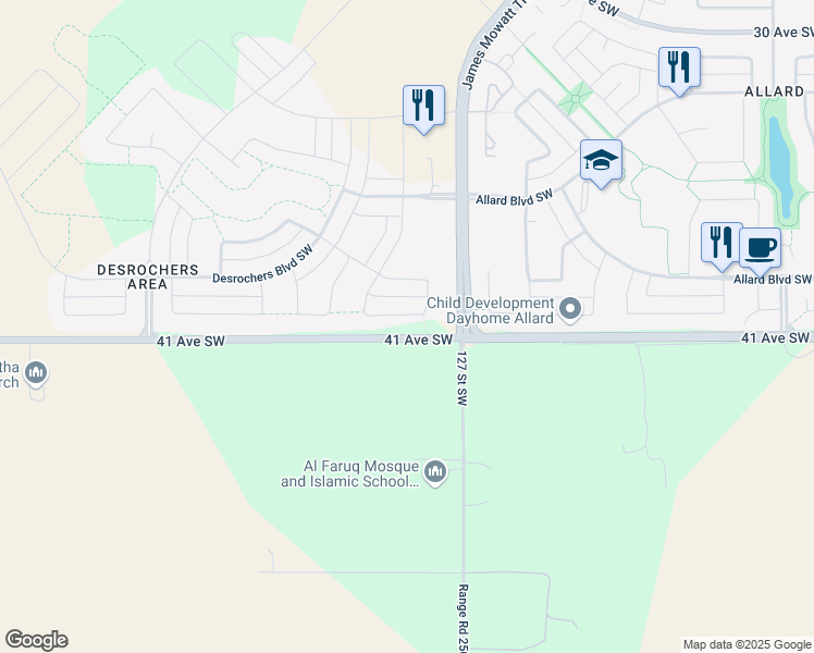 map of restaurants, bars, coffee shops, grocery stores, and more near 2499 127 Street Southwest in Edmonton
