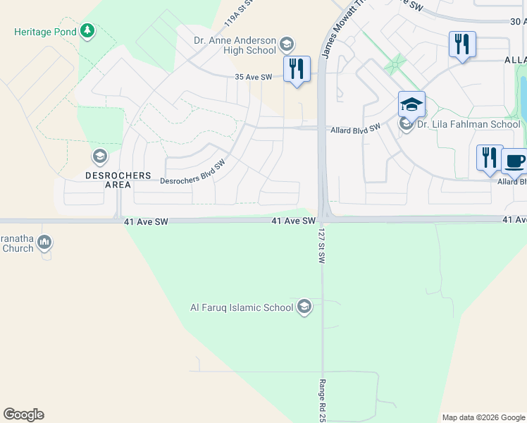 map of restaurants, bars, coffee shops, grocery stores, and more near 1034 Daniels Loop Southwest in Edmonton