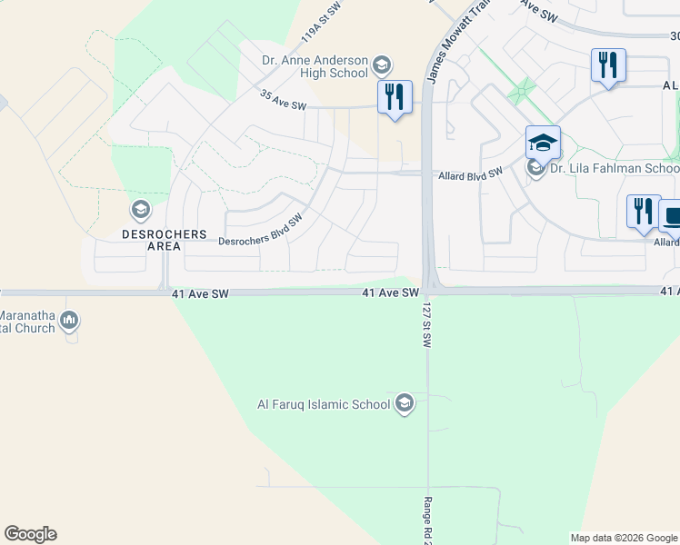 map of restaurants, bars, coffee shops, grocery stores, and more near 1034 Daniels Loop Southwest in Edmonton