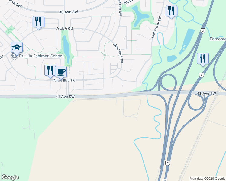 map of restaurants, bars, coffee shops, grocery stores, and more near 2624 Adam Court Southwest in Edmonton