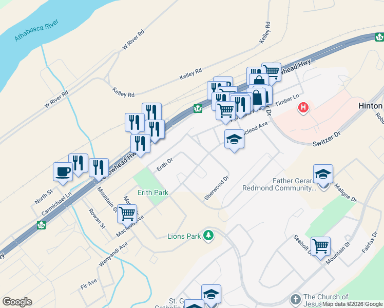 map of restaurants, bars, coffee shops, grocery stores, and more near 110 Sherwood Street in Hinton