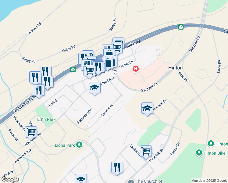 map of restaurants, bars, coffee shops, grocery stores, and more near 107 Cheviot Drive in Hinton