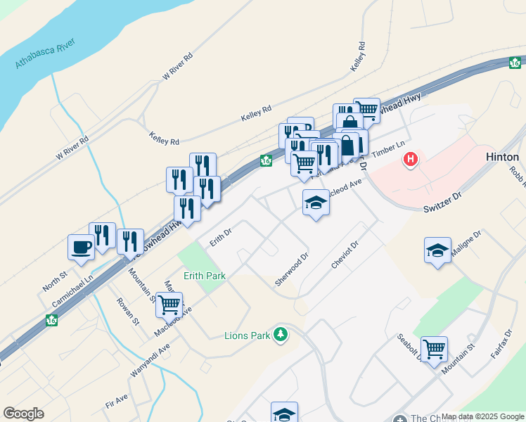 map of restaurants, bars, coffee shops, grocery stores, and more near 110 Sherwood Street in Hinton