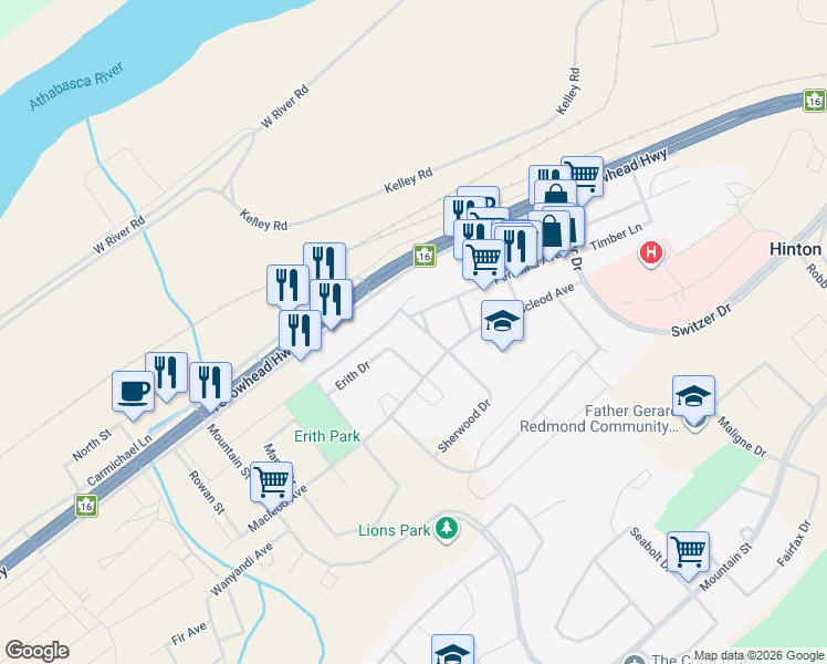 map of restaurants, bars, coffee shops, grocery stores, and more near 112 Sherwood Street in Hinton