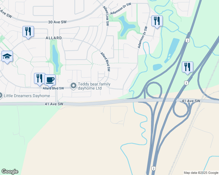 map of restaurants, bars, coffee shops, grocery stores, and more near 1363 Adamson Drive Southwest in Edmonton