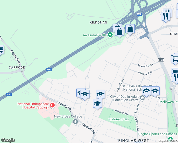 map of restaurants, bars, coffee shops, grocery stores, and more near North City Business Park in Dublin