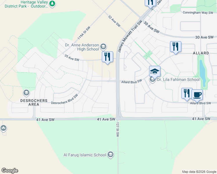 map of restaurants, bars, coffee shops, grocery stores, and more near 803 Daniels Way Southwest in Edmonton