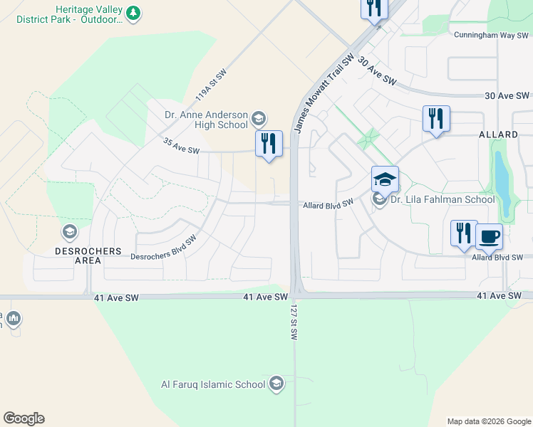 map of restaurants, bars, coffee shops, grocery stores, and more near 803 Daniels Way Southwest in Edmonton
