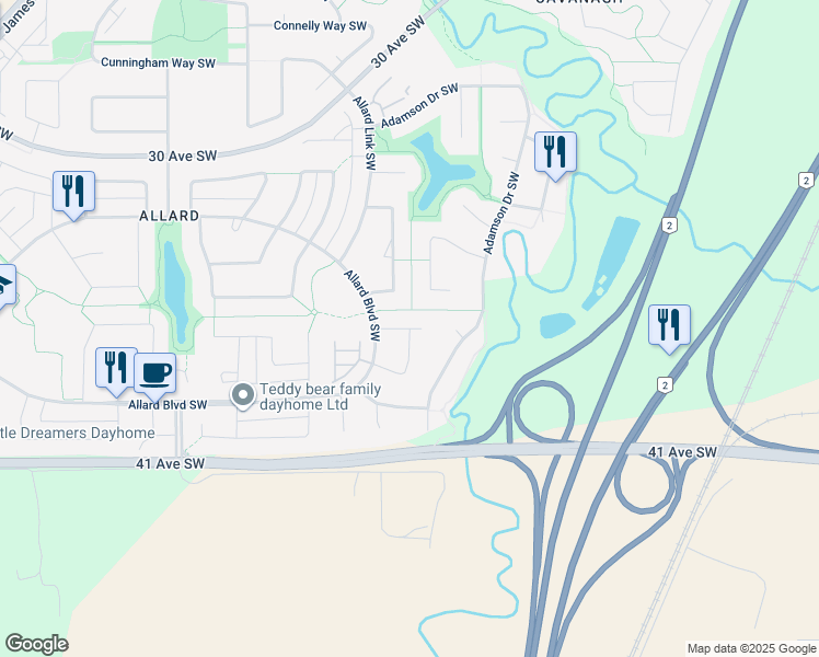 map of restaurants, bars, coffee shops, grocery stores, and more near Amerongen Crescent Southwest in Edmonton