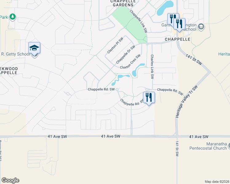 map of restaurants, bars, coffee shops, grocery stores, and more near 5247 Chappelle Road Southwest in Edmonton