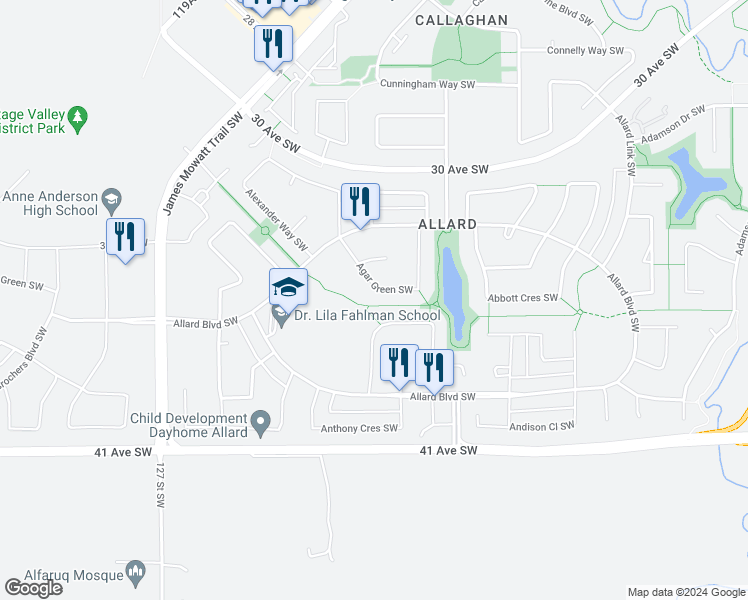 map of restaurants, bars, coffee shops, grocery stores, and more near 3863 Agar Green Southwest in Edmonton