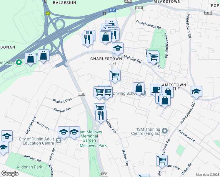 map of restaurants, bars, coffee shops, grocery stores, and more near 24 Saint Margaret's Road in Dublin
