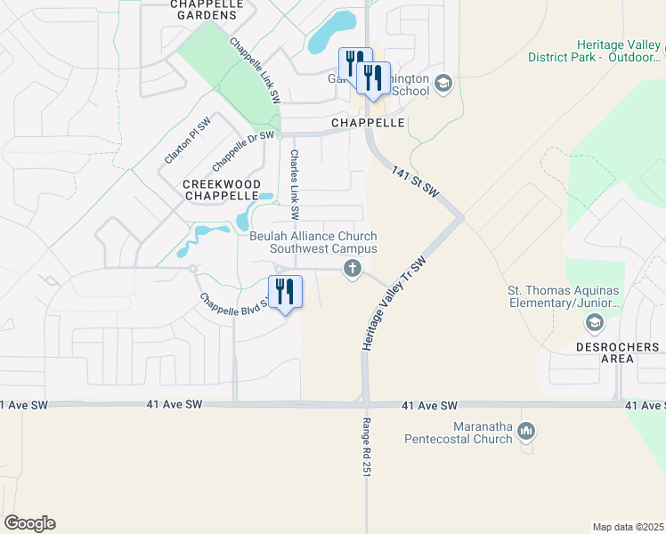 map of restaurants, bars, coffee shops, grocery stores, and more near 5056 Chappelle Road Southwest in Edmonton