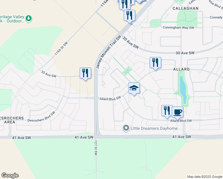 map of restaurants, bars, coffee shops, grocery stores, and more near 4477 Annett Common Southwest in Edmonton