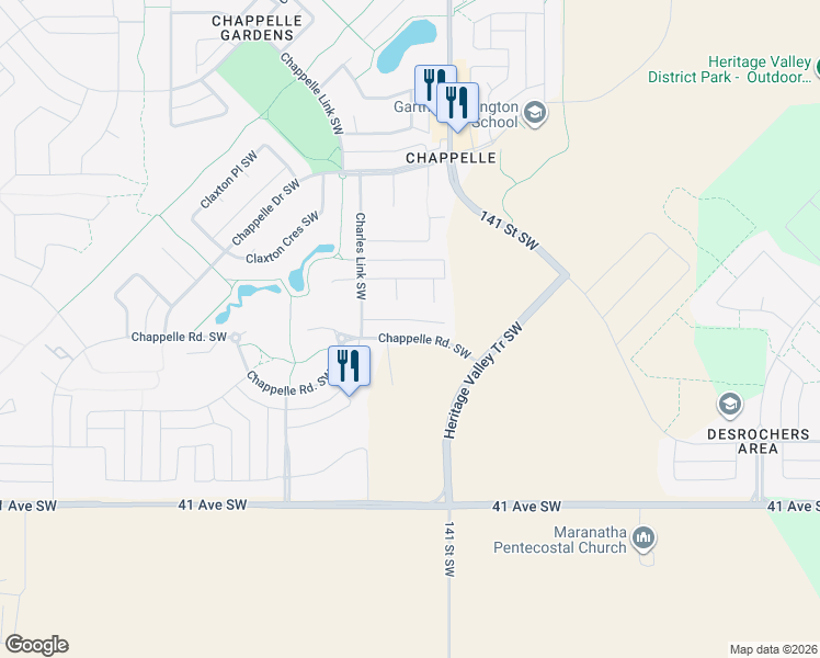 map of restaurants, bars, coffee shops, grocery stores, and more near 5066 Chappelle Road Southwest in Edmonton