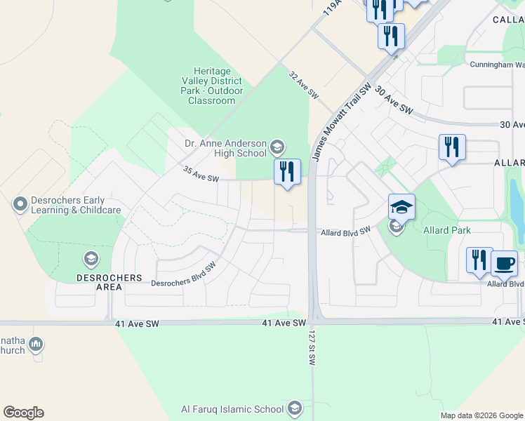 map of restaurants, bars, coffee shops, grocery stores, and more near Daniels Way Southwest in Edmonton