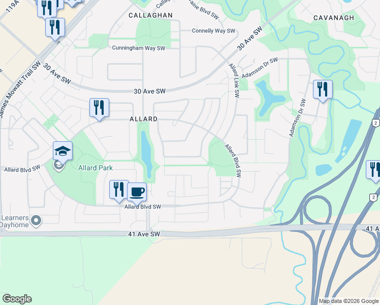 map of restaurants, bars, coffee shops, grocery stores, and more near 3242 Abbott Crescent Southwest in Edmonton