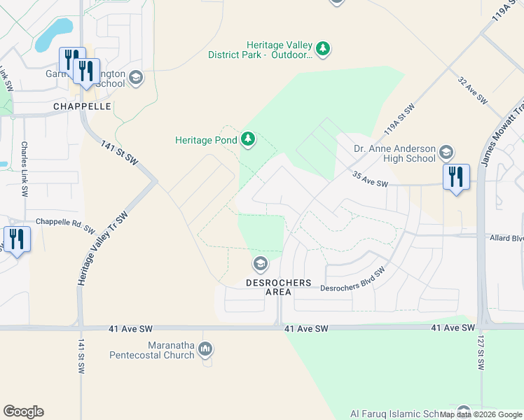map of restaurants, bars, coffee shops, grocery stores, and more near 2714 Donaghey Crescent Southwest in Edmonton