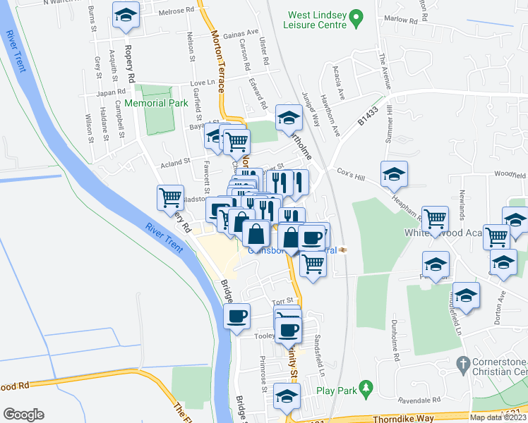 map of restaurants, bars, coffee shops, grocery stores, and more near in Gainsborough