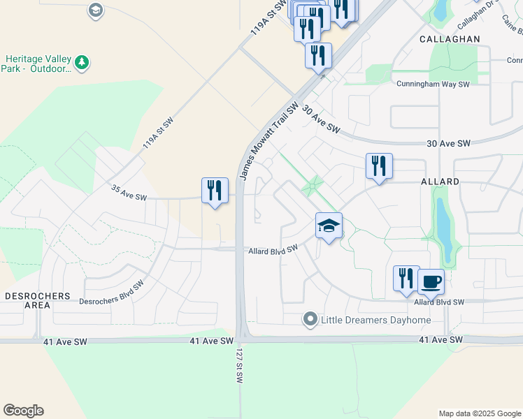 map of restaurants, bars, coffee shops, grocery stores, and more near 4477 Annett Common Southwest in Edmonton