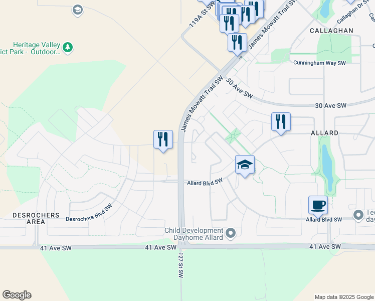 map of restaurants, bars, coffee shops, grocery stores, and more near 3503 James Mowatt Trail Southwest in Edmonton