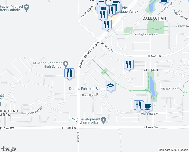 map of restaurants, bars, coffee shops, grocery stores, and more near 4424 Annett Common Southwest in Edmonton