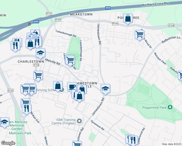 map of restaurants, bars, coffee shops, grocery stores, and more near Melville Drive in Dublin