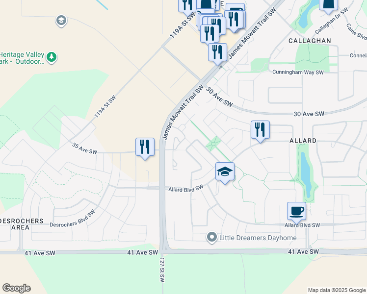 map of restaurants, bars, coffee shops, grocery stores, and more near 4403 Annett Common Southwest in Edmonton