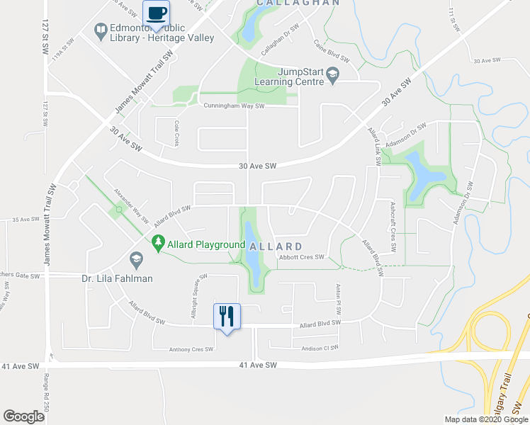 map of restaurants, bars, coffee shops, grocery stores, and more near 3319 Abbott Crescent Southwest in Edmonton
