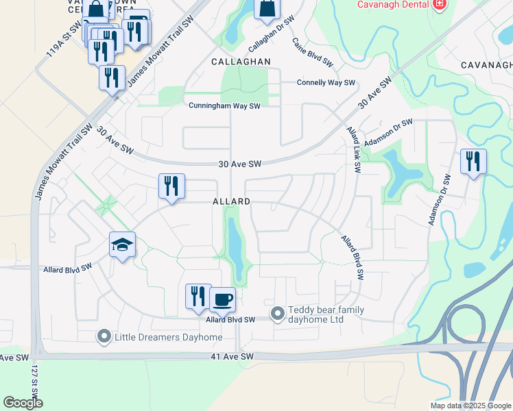 map of restaurants, bars, coffee shops, grocery stores, and more near 3322 Abbott Crescent Southwest in Edmonton