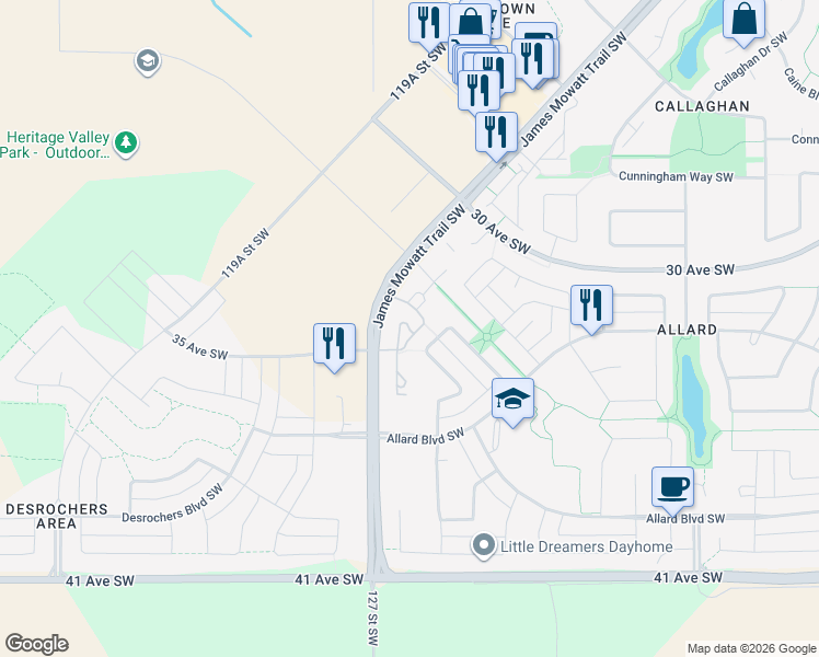 map of restaurants, bars, coffee shops, grocery stores, and more near 4403 Annett Common Southwest in Edmonton