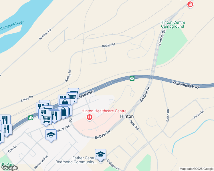 map of restaurants, bars, coffee shops, grocery stores, and more near Yellowhead Highway in Hinton