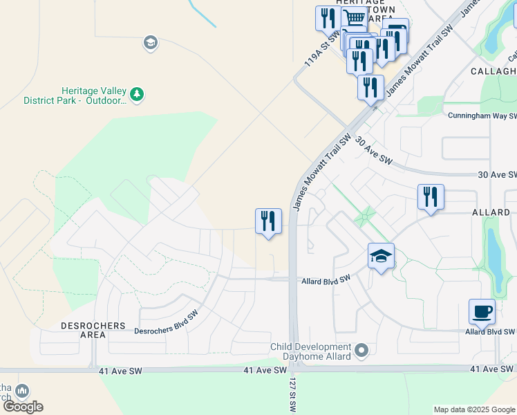 map of restaurants, bars, coffee shops, grocery stores, and more near 11810 35 Avenue Southwest in Edmonton