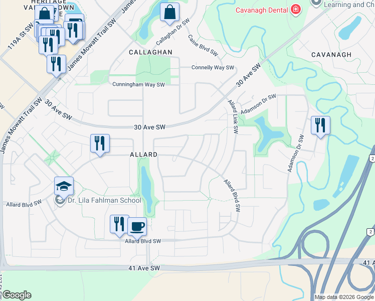 map of restaurants, bars, coffee shops, grocery stores, and more near 3609 Atkinson Loop Southwest in Edmonton