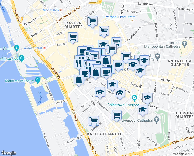 map of restaurants, bars, coffee shops, grocery stores, and more near in Liverpool
