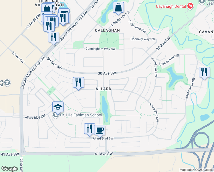 map of restaurants, bars, coffee shops, grocery stores, and more near 3319 Abbott Crescent Southwest in Edmonton