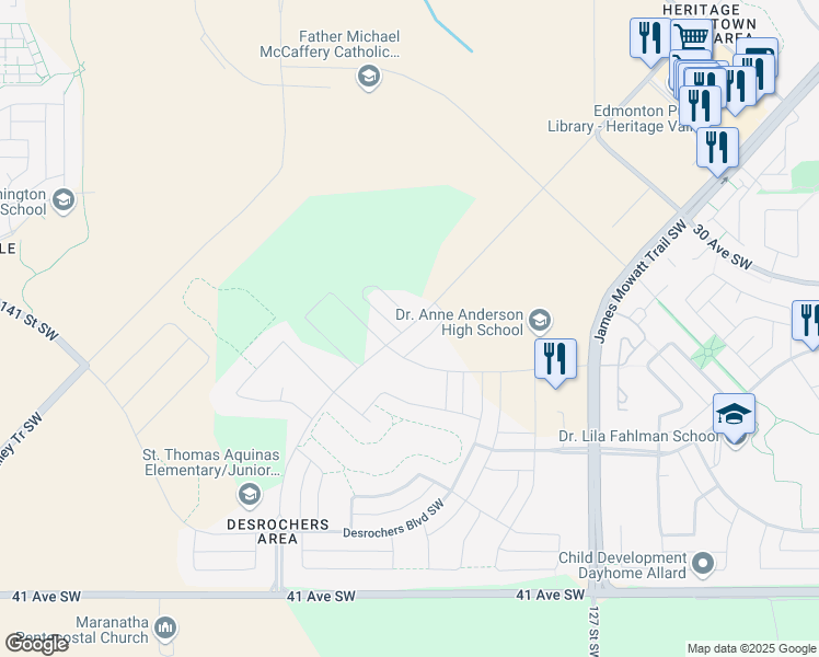 map of restaurants, bars, coffee shops, grocery stores, and more near 3309 119A Street Southwest in Edmonton