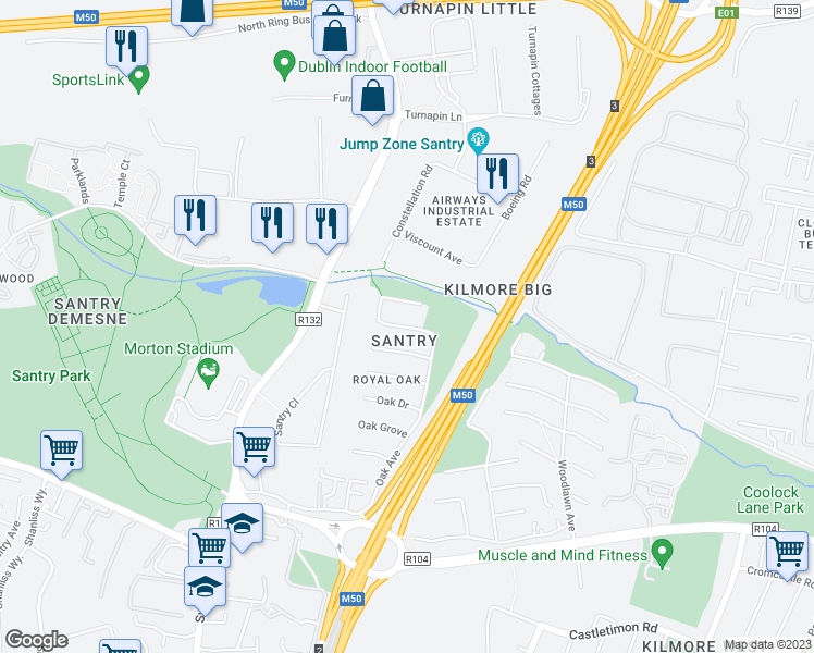map of restaurants, bars, coffee shops, grocery stores, and more near Oak Rise in Dublin