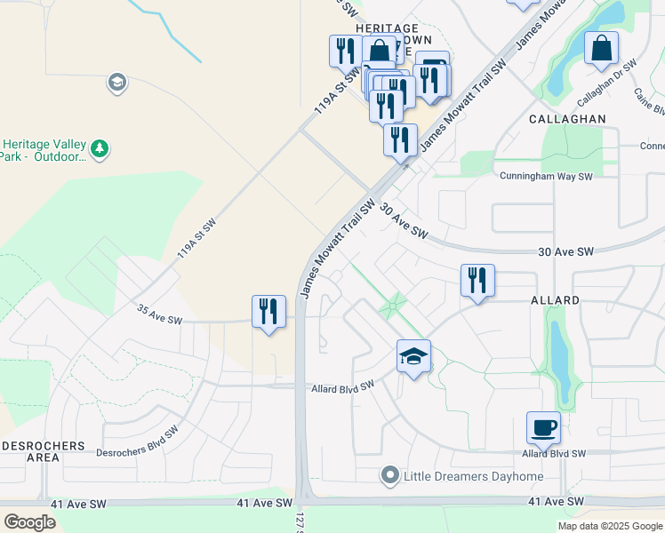 map of restaurants, bars, coffee shops, grocery stores, and more near 3211 James Mowatt Trail Southwest in Edmonton