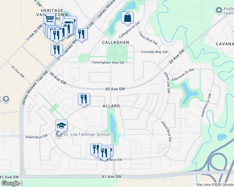 map of restaurants, bars, coffee shops, grocery stores, and more near 3671 Atkinson Loop Southwest in Edmonton