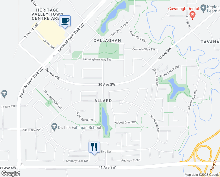 map of restaurants, bars, coffee shops, grocery stores, and more near 3671 Atkinson Loop Southwest in Edmonton