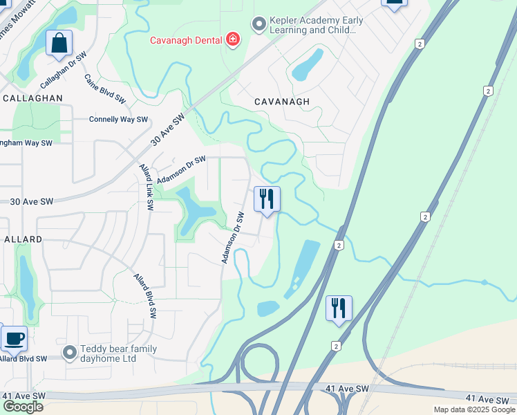 map of restaurants, bars, coffee shops, grocery stores, and more near 1717 Adamson Crescent Southwest in Edmonton
