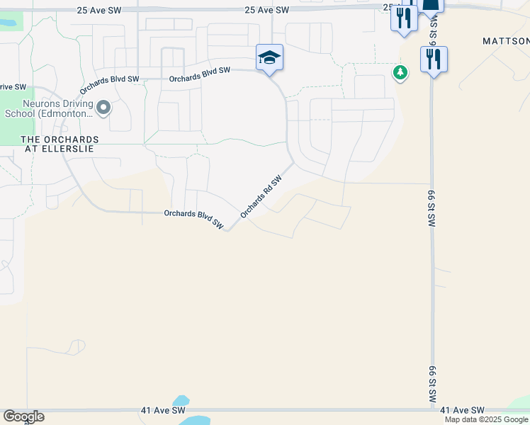 map of restaurants, bars, coffee shops, grocery stores, and more near 2733 Orchards Road Southwest in Edmonton