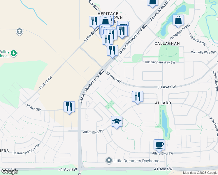map of restaurants, bars, coffee shops, grocery stores, and more near 4082 Alexander Way Southwest in Edmonton