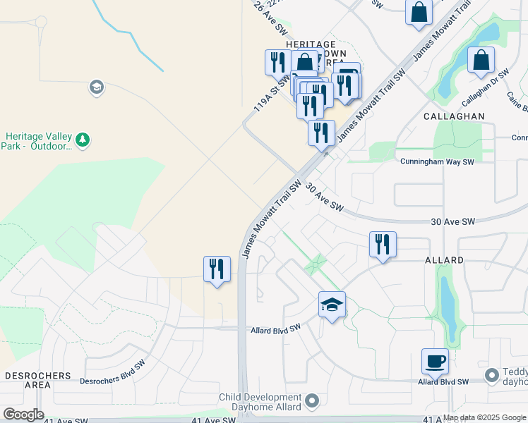 map of restaurants, bars, coffee shops, grocery stores, and more near 3191 127 Street Southwest in Edmonton