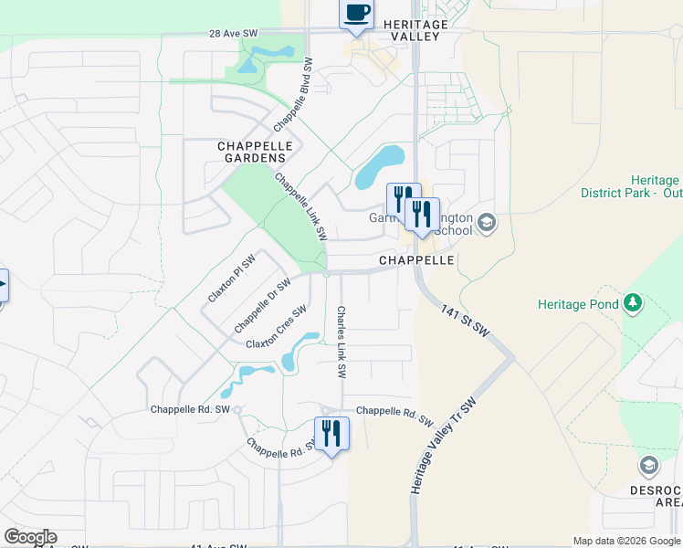 map of restaurants, bars, coffee shops, grocery stores, and more near Chappelle Drive Southwest in Edmonton