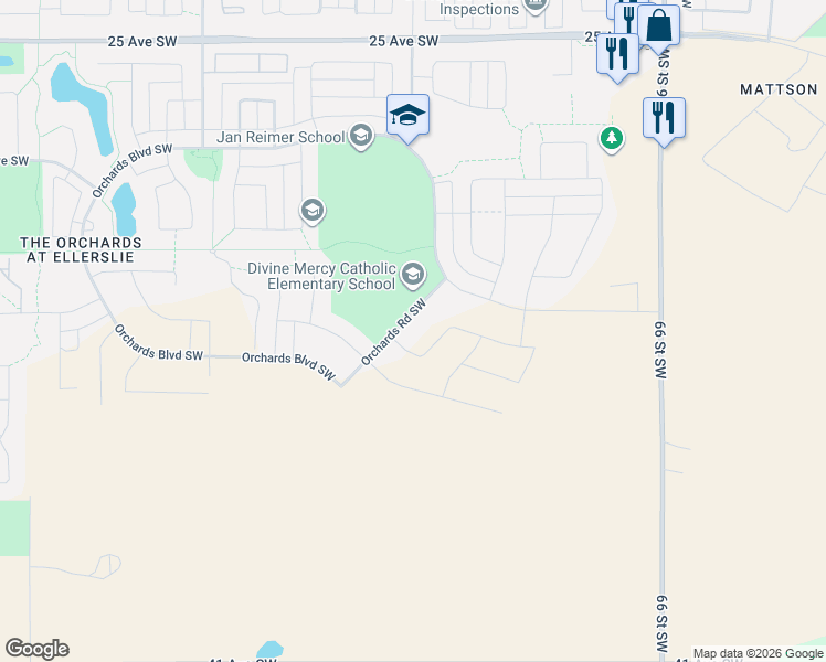 map of restaurants, bars, coffee shops, grocery stores, and more near 2733 Orchards Road Southwest in Edmonton