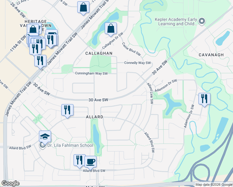map of restaurants, bars, coffee shops, grocery stores, and more near 1295 Cunningham Drive Southwest in Edmonton