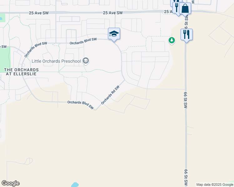 map of restaurants, bars, coffee shops, grocery stores, and more near 2733 Orchards Road Southwest in Edmonton
